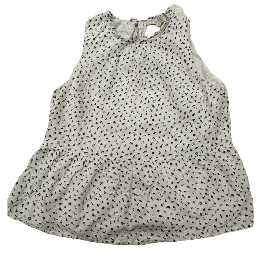 LOFT Sleeveless Top White Black Floral Eyelet Peplum Ruffle Neck  Size Large